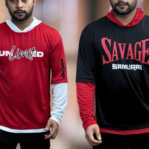 Long Slv Hoody t-shirt - Black & Red